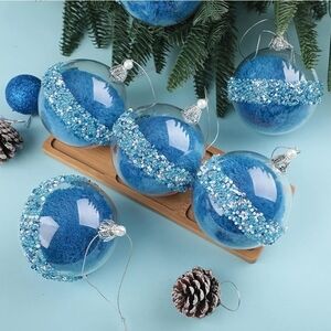 New in box! Box set blue beaded sequin glitter decorative ball ornaments